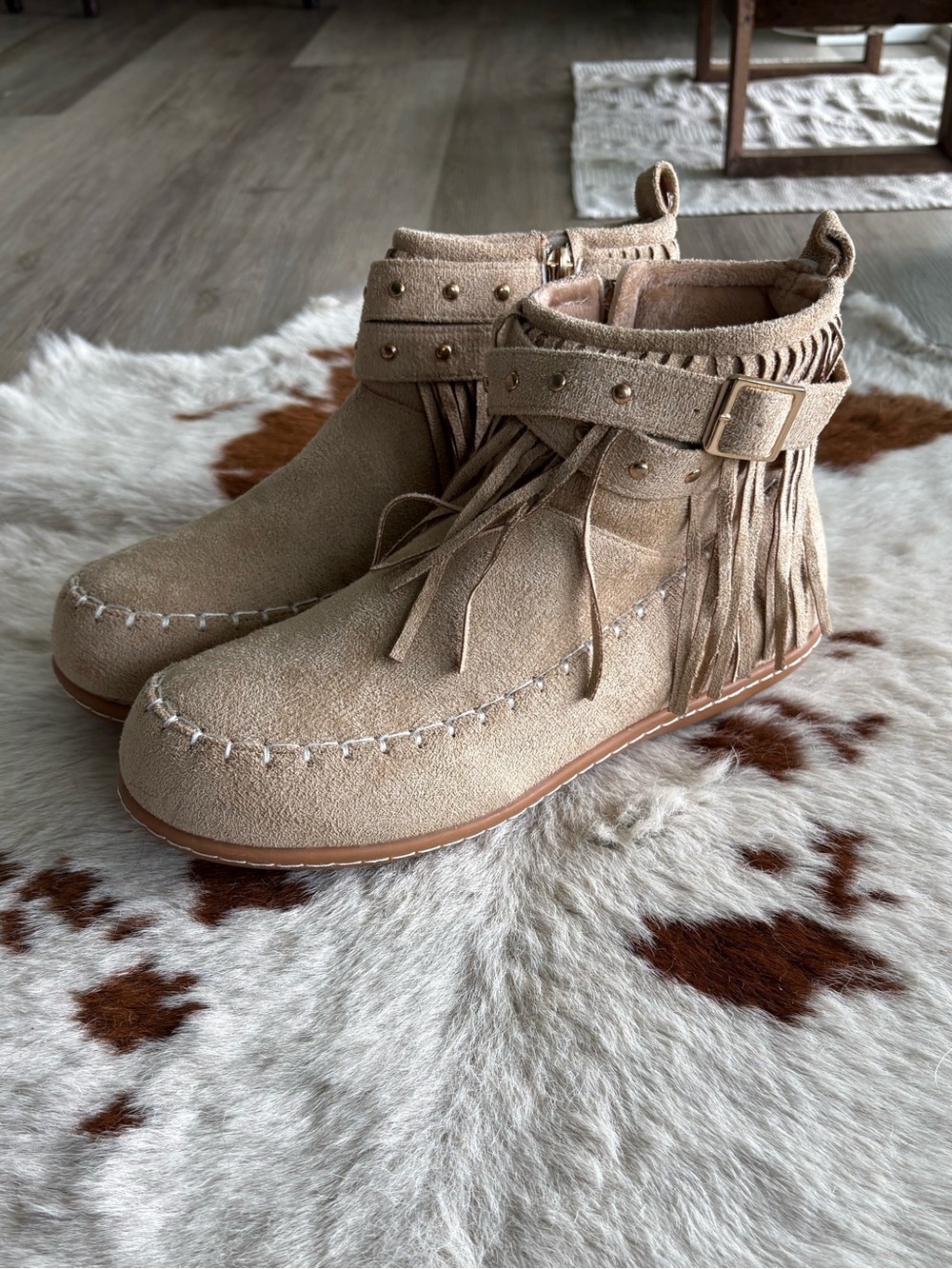 Fringe Ankle Boots in Taupe